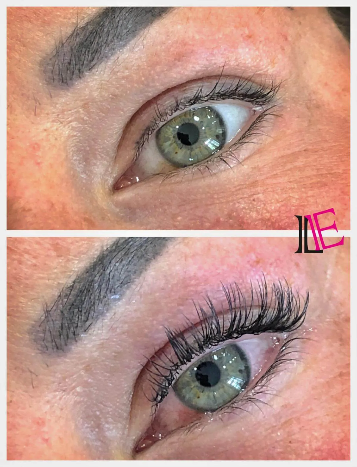 Světlé oko zralé klientky před a po prodloužení řas Violet Lashes