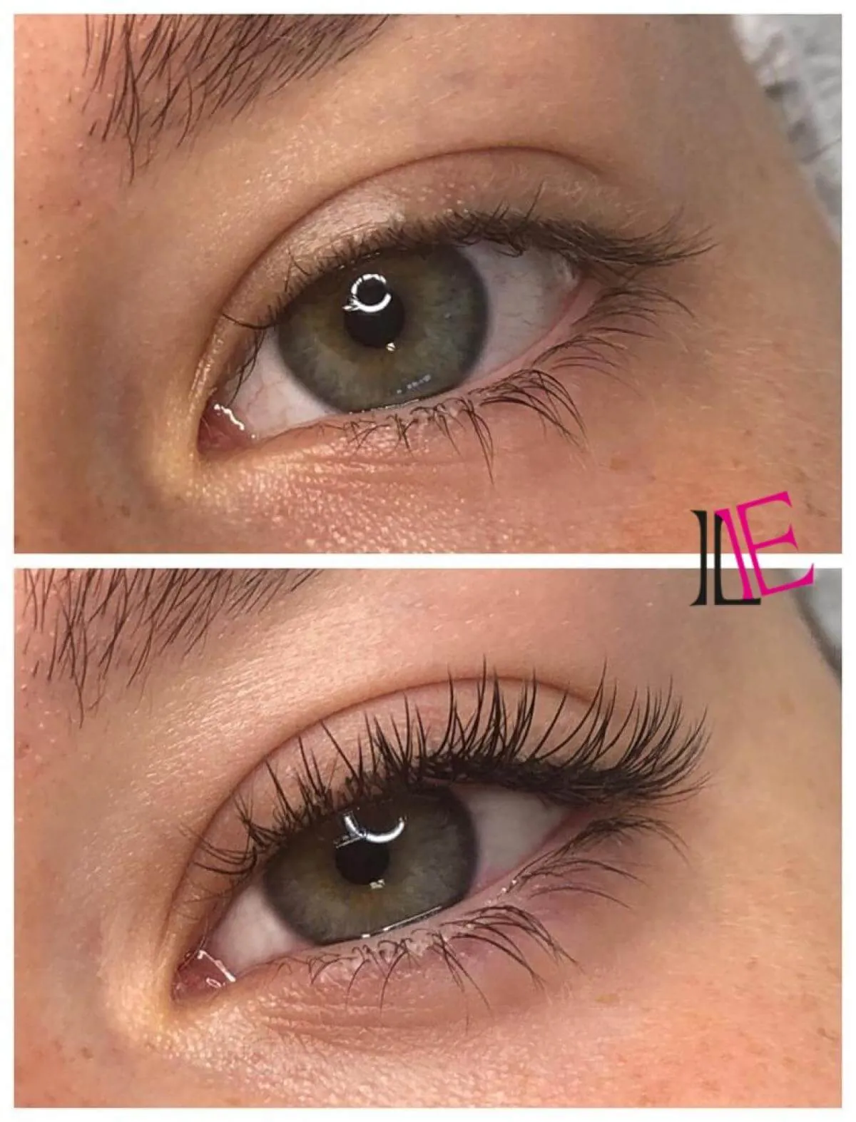Šedé oko klientky před a po prodloužení řas Violet Lashes