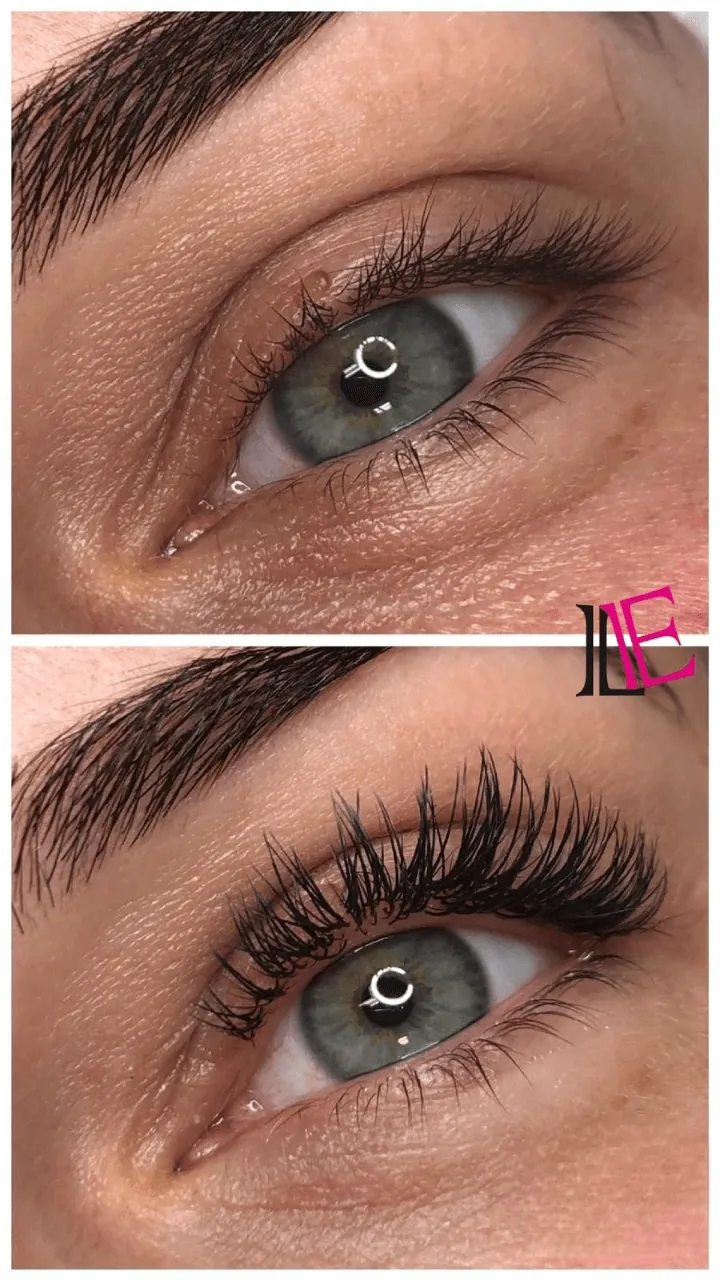 Zelené oko klientky před a po prodloužení řas Violet Lashes