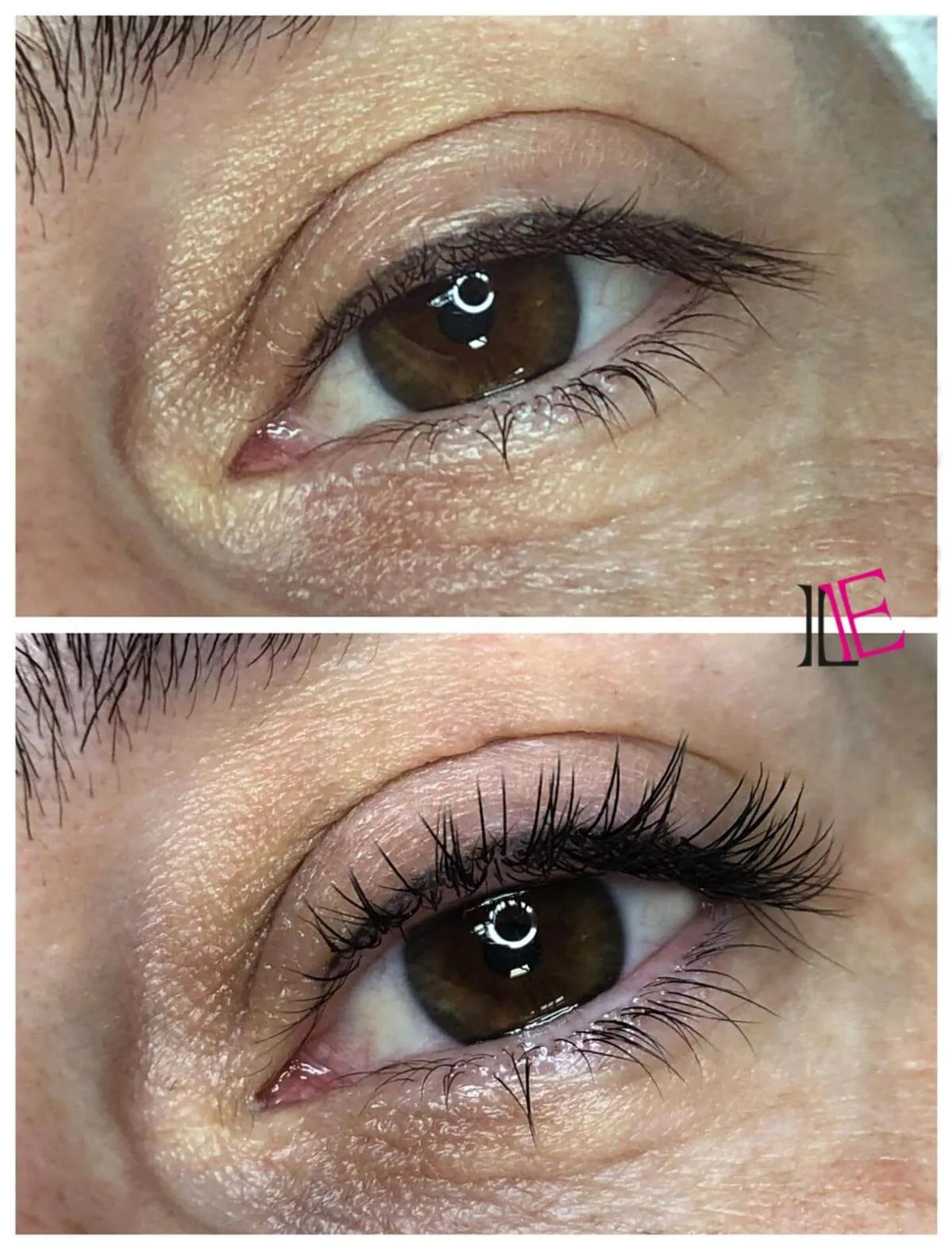 Hnědé oko klientky před a po prodloužení řas Violet Lashes