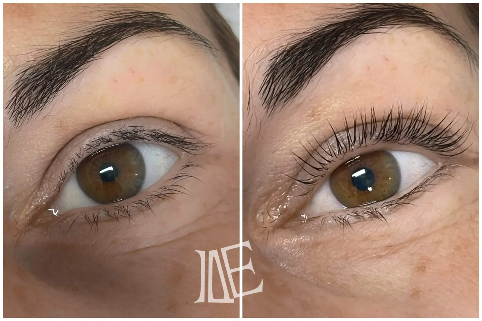 Hnědé oko klientky s delšími řasami před a po Lash Filler
