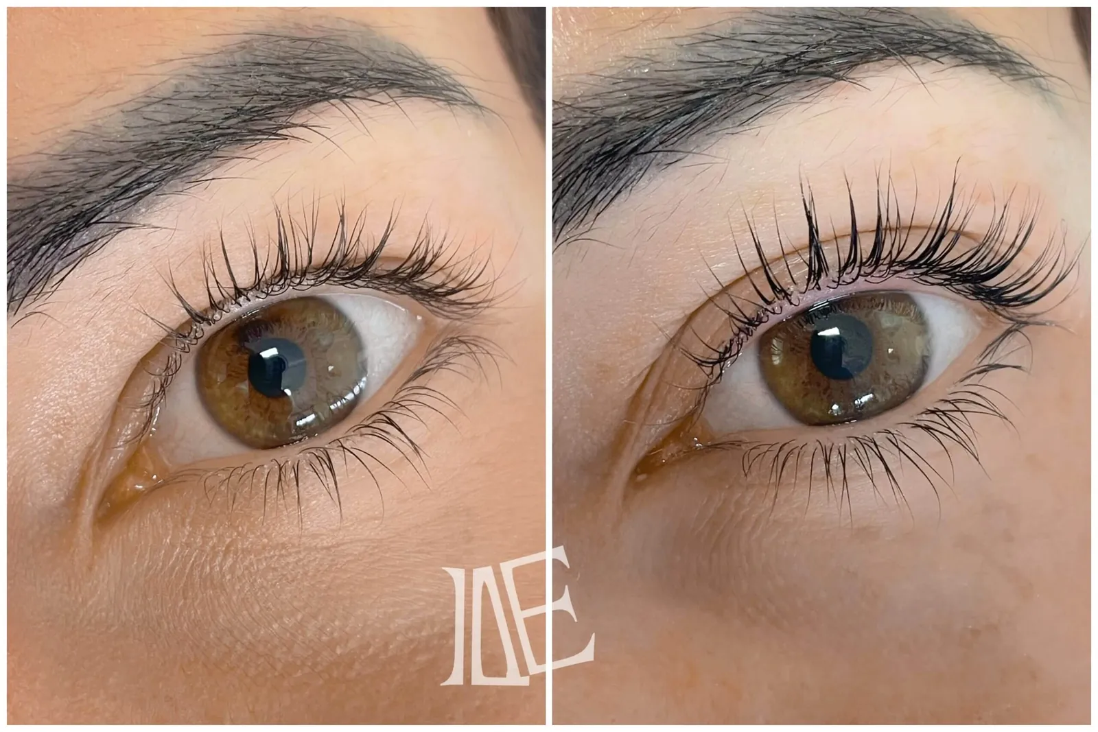 Hnědé oko klientky před a po Lash Filler z čelního pohledu