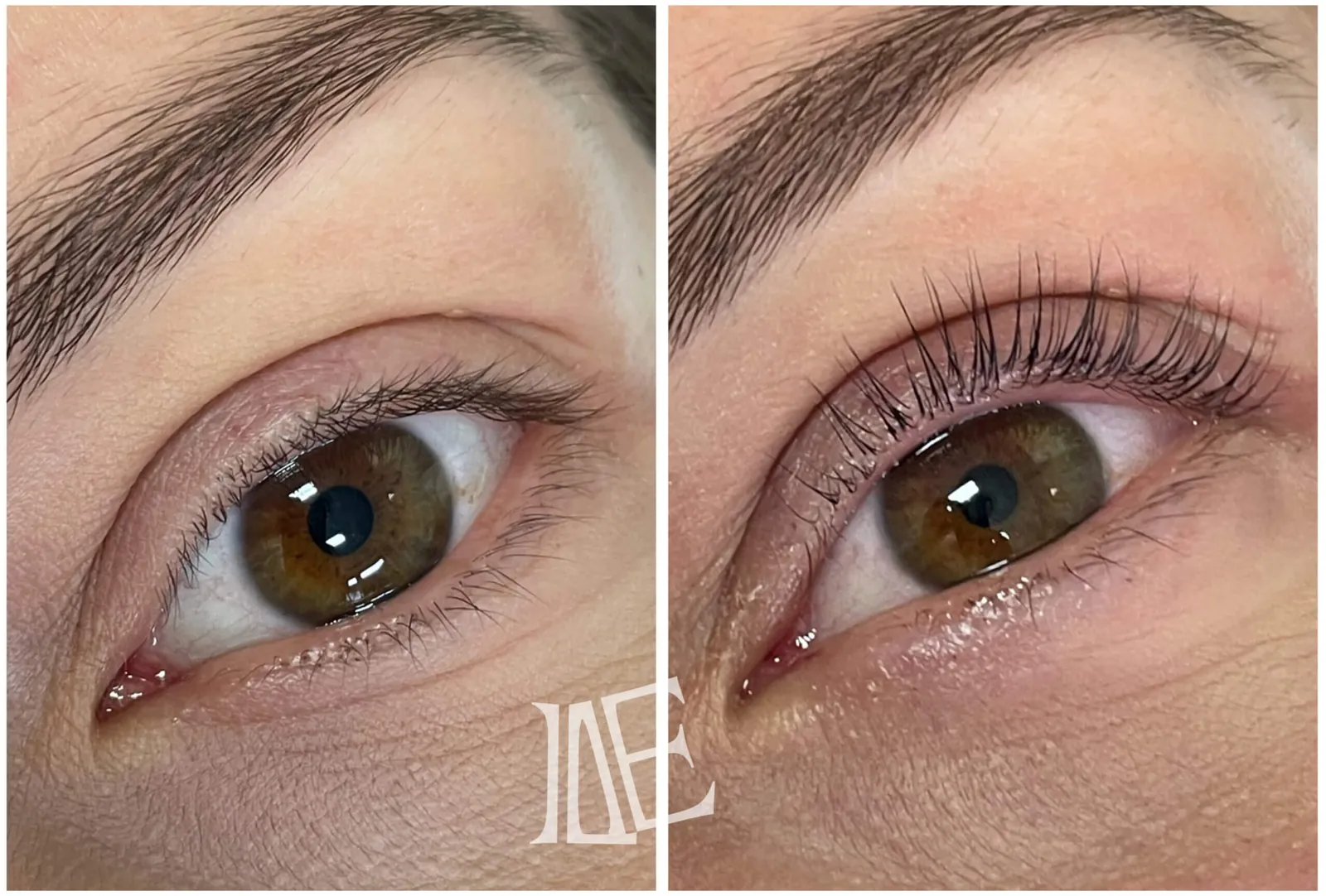Hnědé oko klientky před a po Lash Filler z bočního pohledu
