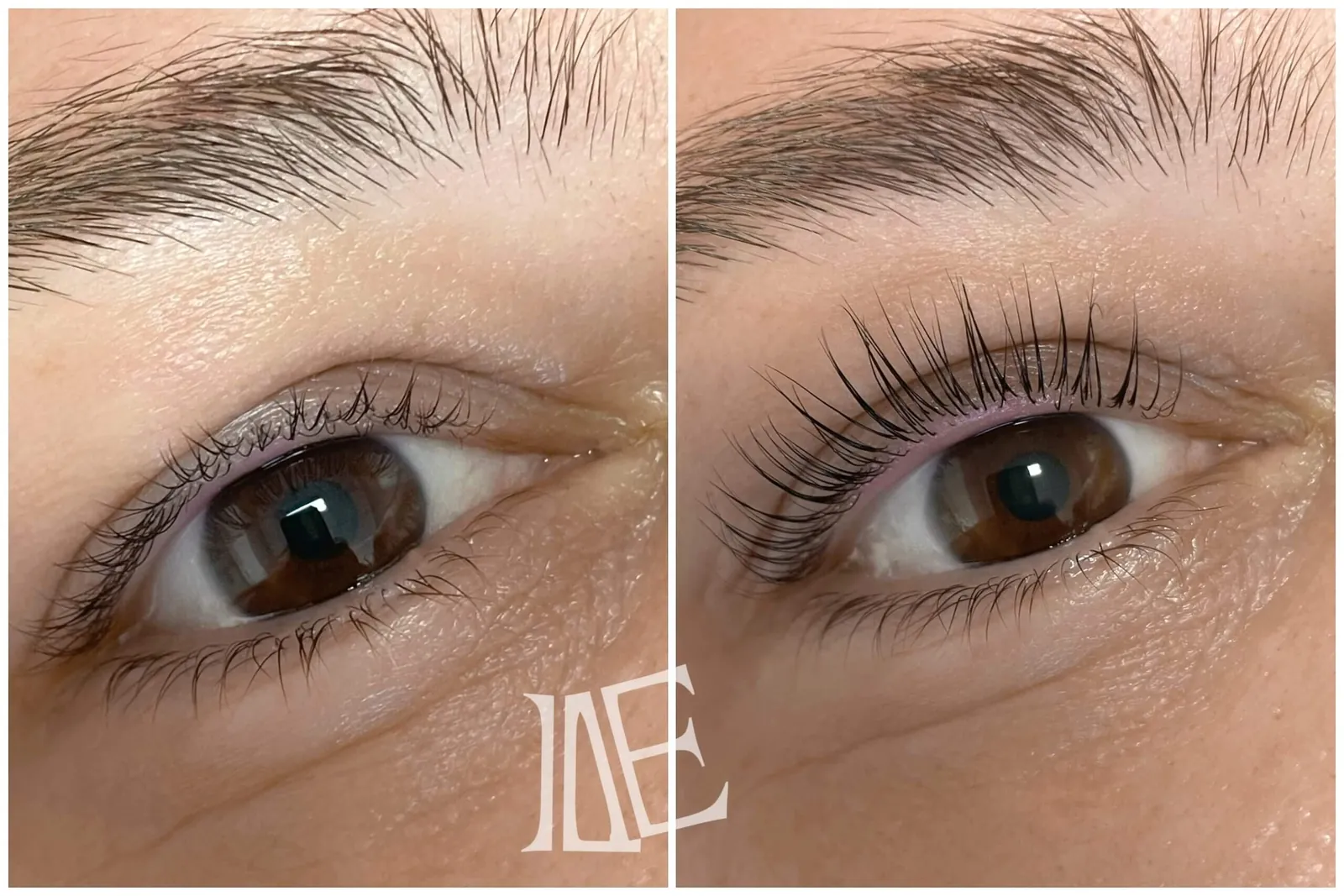 Detail řas hnědého oka klientky před a po Lash Filler