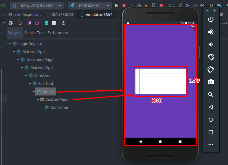 Placement of the 'NotebookPageWidget' inside the center widget, created using CustomPaint() in Flutter.