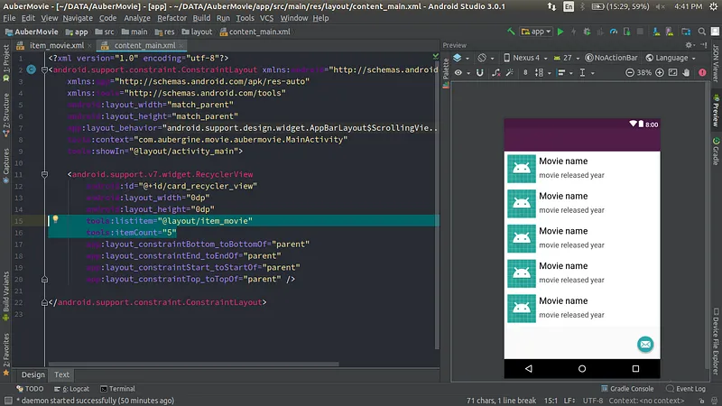 RecyclerView item layout preview with 5 items displayed