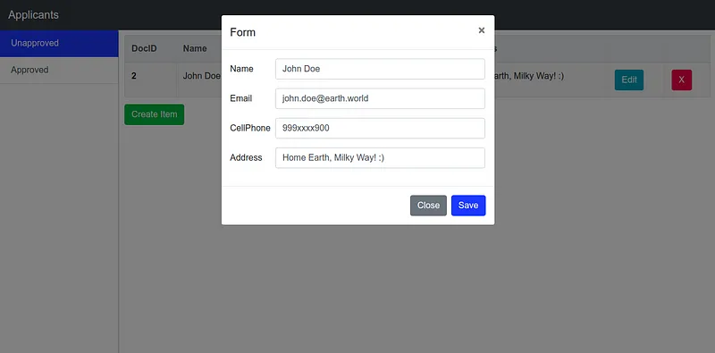 applicant form to create json doc