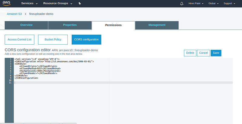 AWS s3 bucket CORS editor
