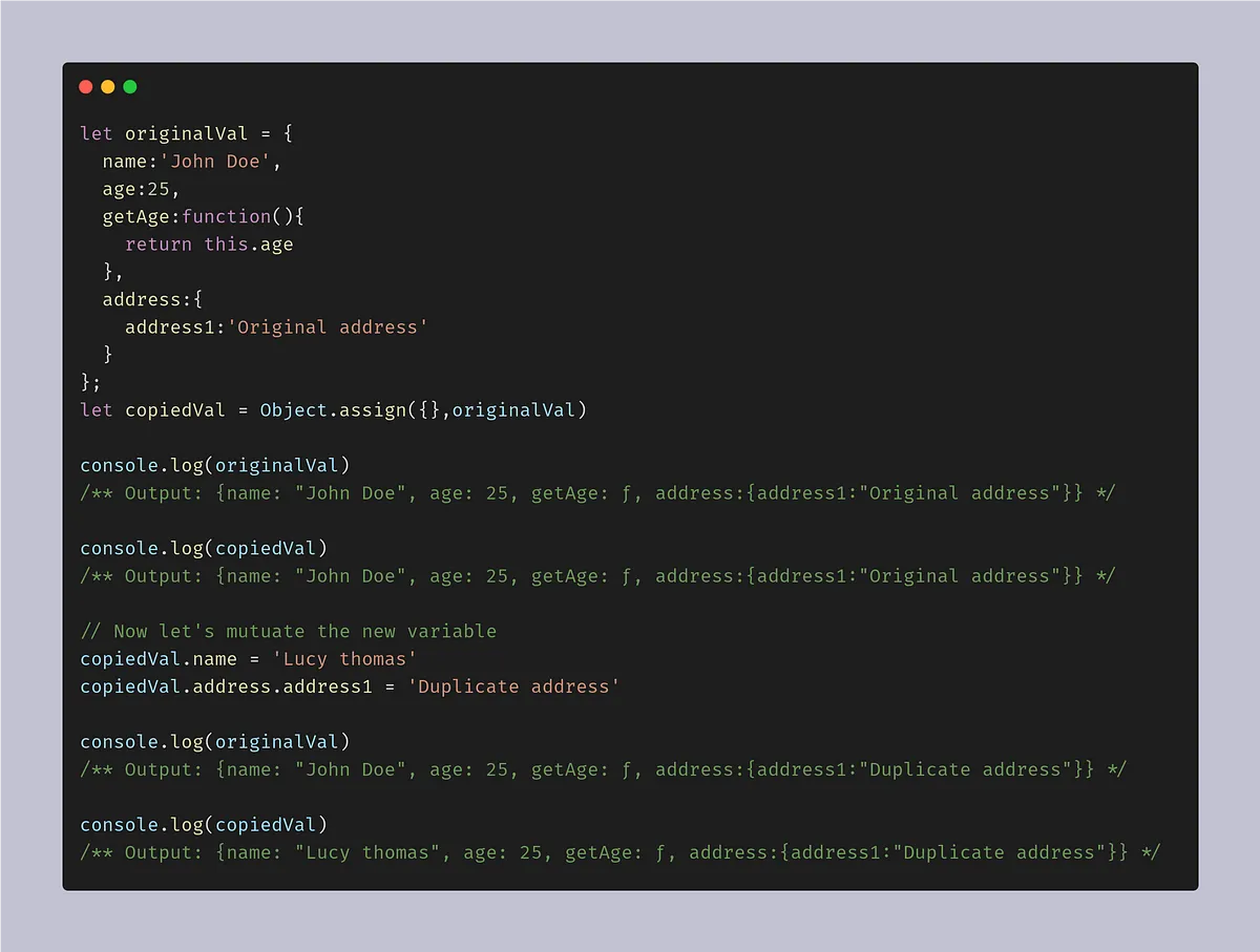 Source code using object.assign()
