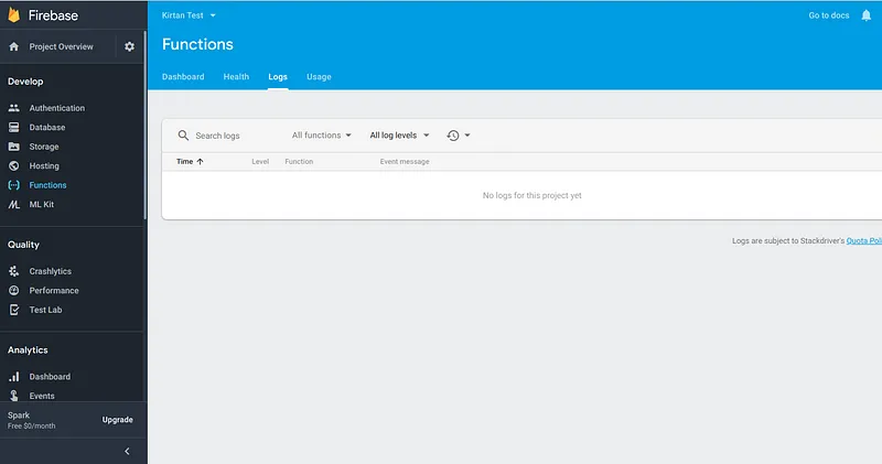 Screenshot of viewing function logs in Firebase Console