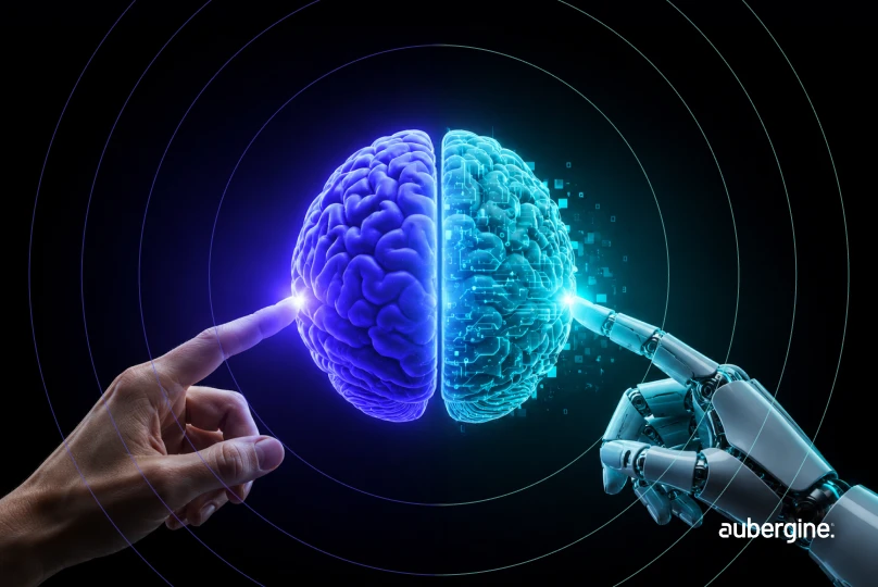 Two human hands point towards a brain, while a robotic hand reaches out, symbolizing the intersection of humanity and technology.