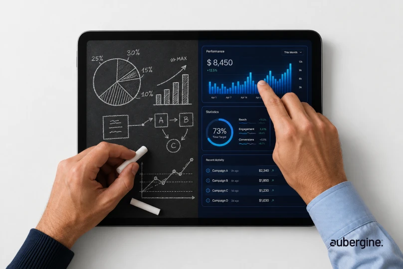 A person using a tablet in a business setting, reviewing documents and taking notes during a meeting.