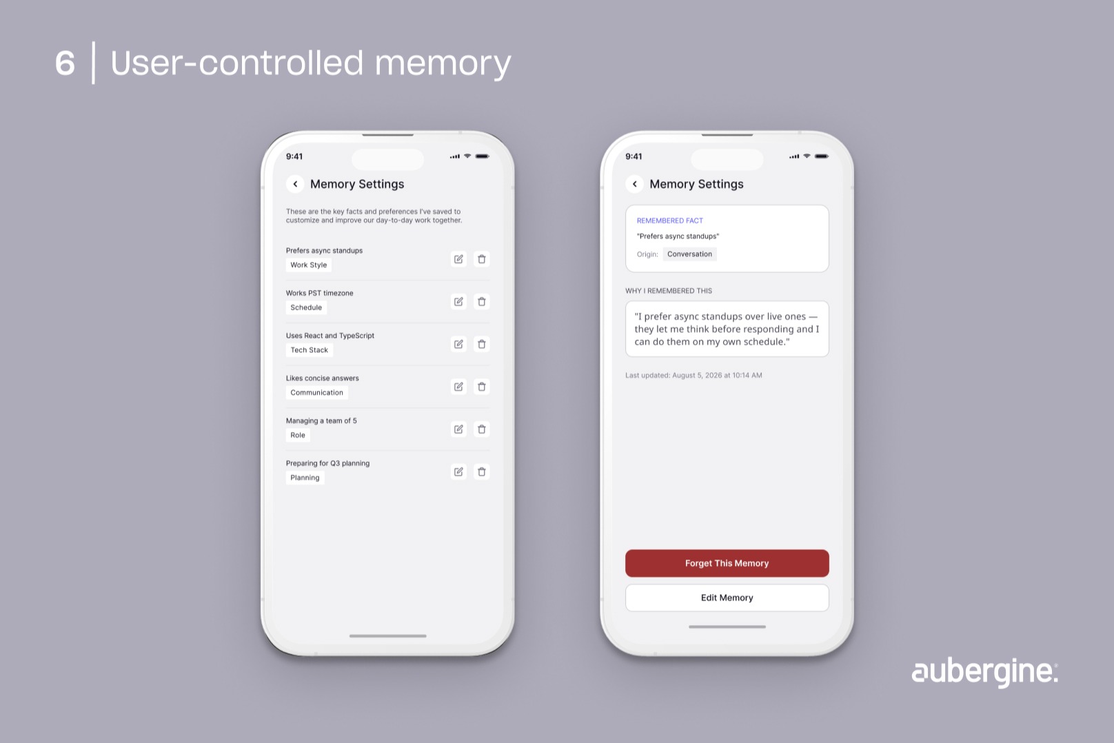 Two smartphones displaying the text "user-controlled memory" on their screens, emphasizing user customization features.