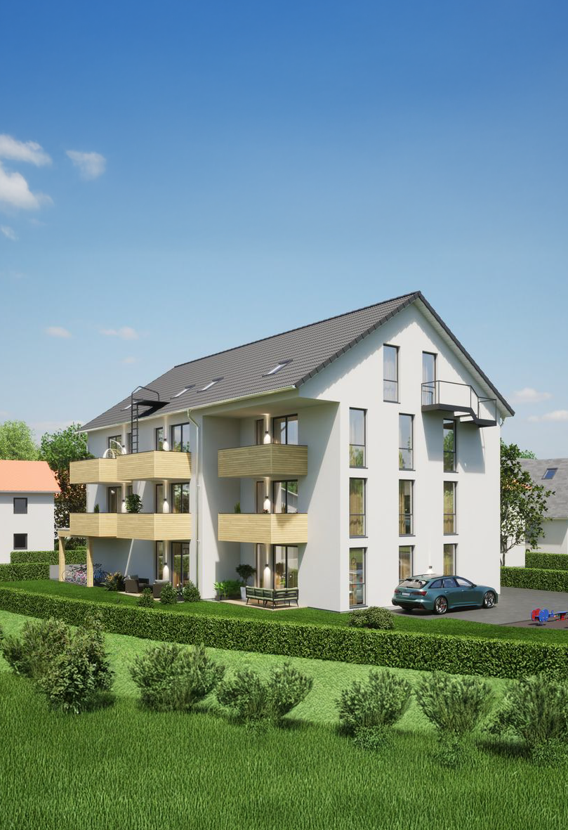 Visualisierung eines modernen Mehrfamilienhauses mit Balkonen mit blauem Himmel und Grünfläche im Vordergrund
