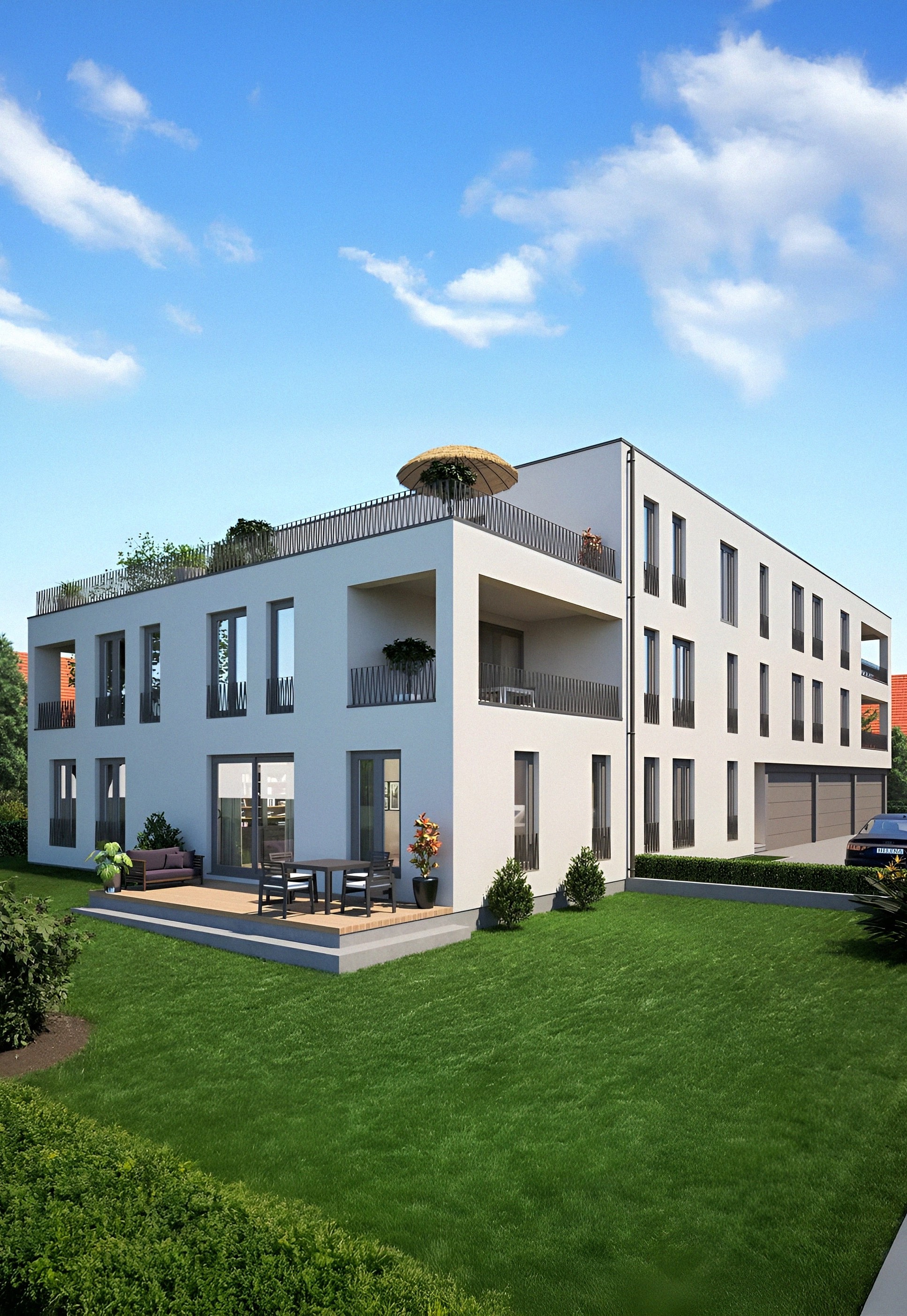 Visualisierung Mehrfamilienhaus mit blauem Himmel und Grünfläche im Vordergrund