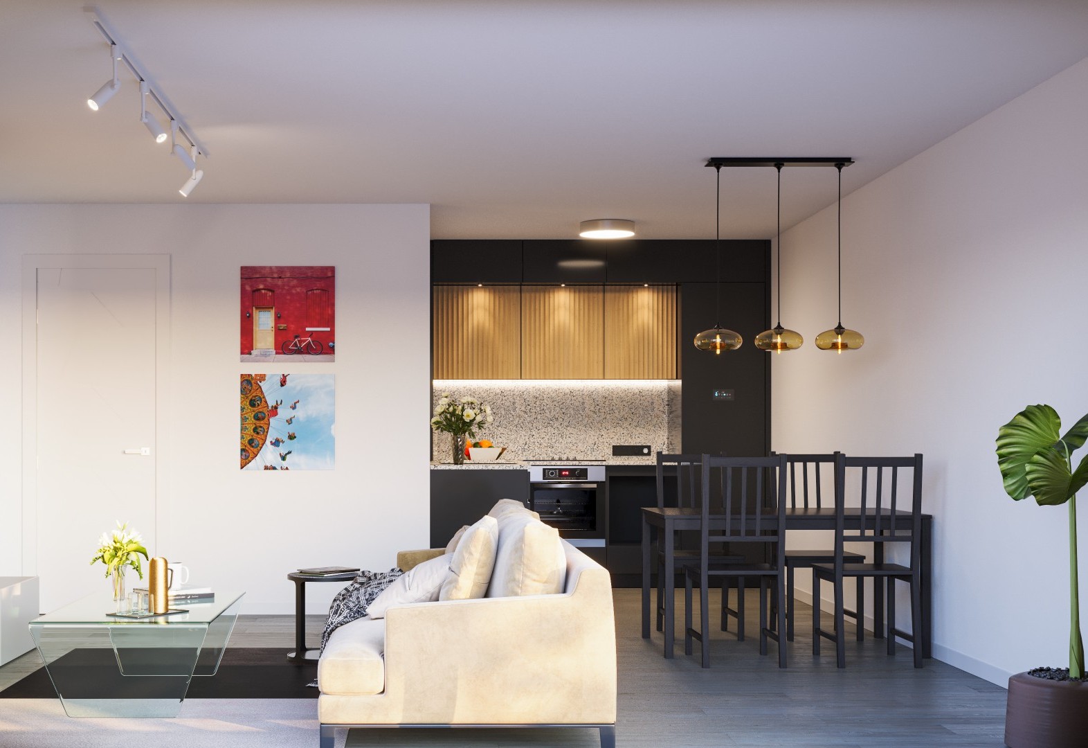 Visualisierung moderner Einrichtung mit Sofa und Küche im Hintergrund