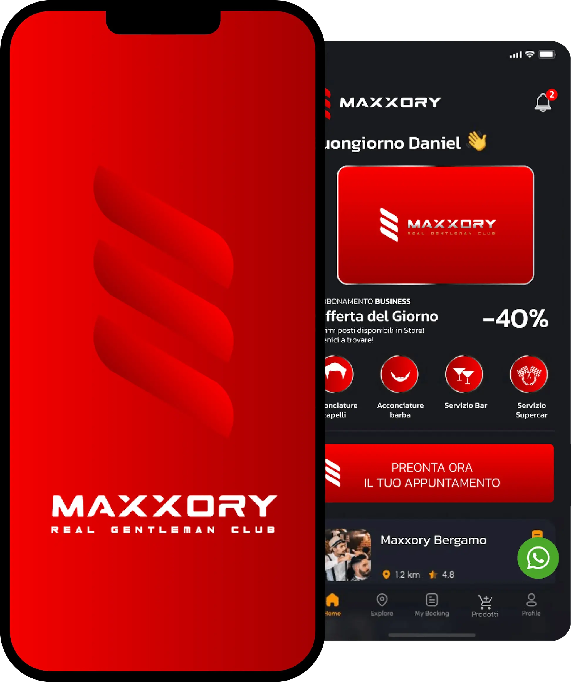 Un iphone con lo sfondo rosso con il logo dell'azienda, al suo fianco una scherma di anteprima dell'app
