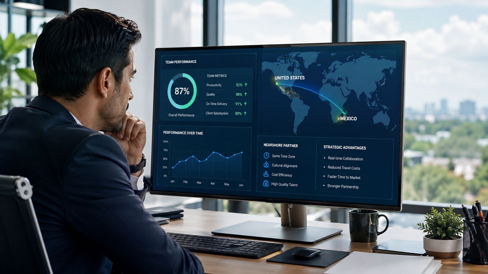 A professional man sits at a desk viewing a business dashboard showing nearshore outsourcing analytics and metrics.