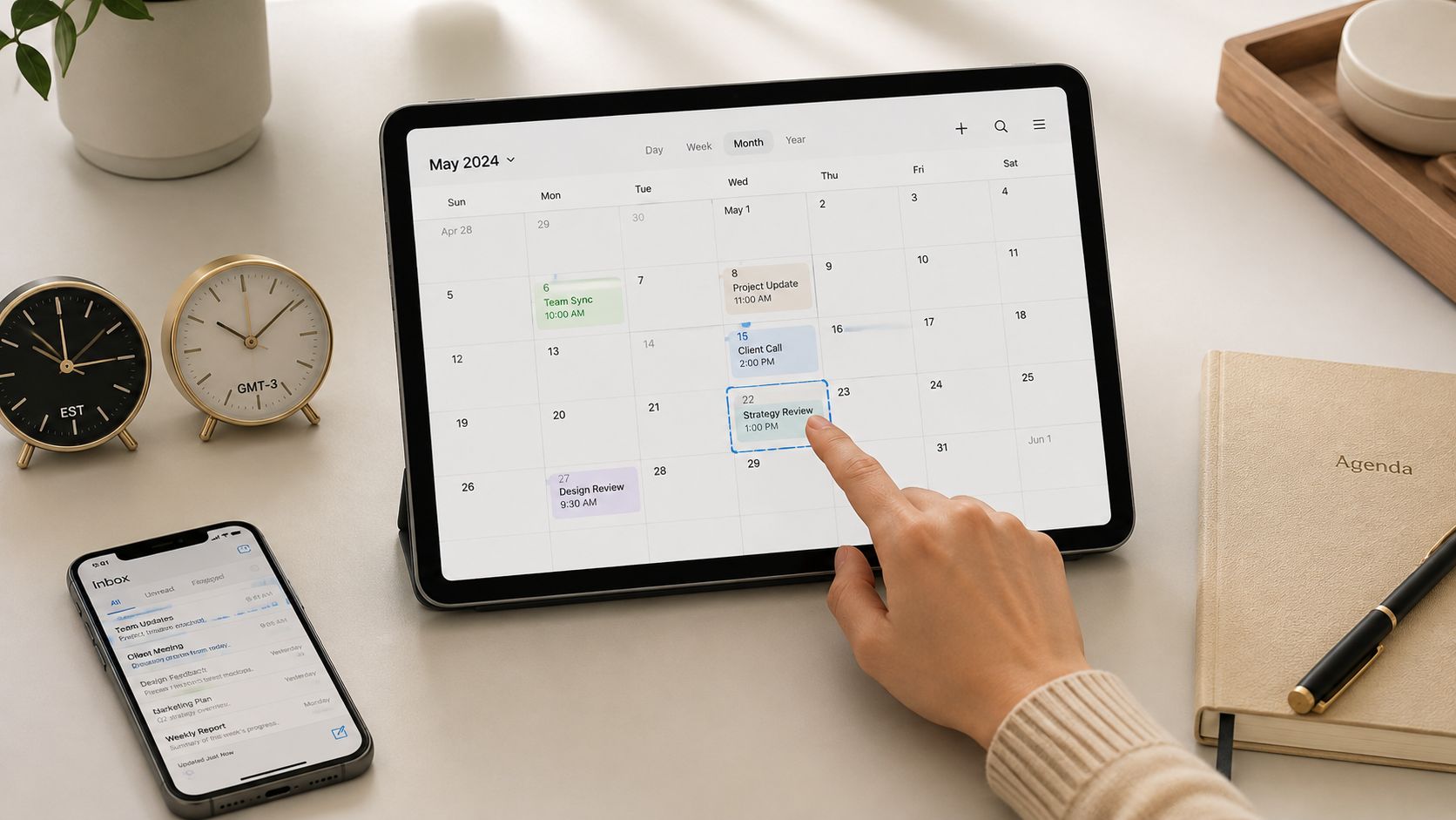 A person pointing to a strategy review on a digital tablet calendar on a clean desk workspace.