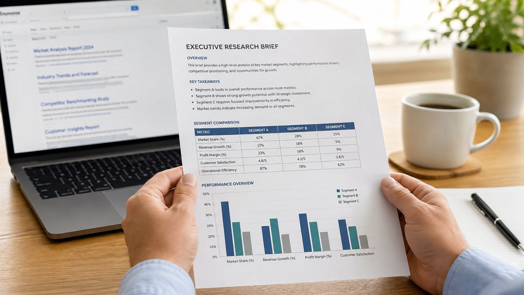 A person holding a printed executive research brief document while sitting at a desk with a laptop.