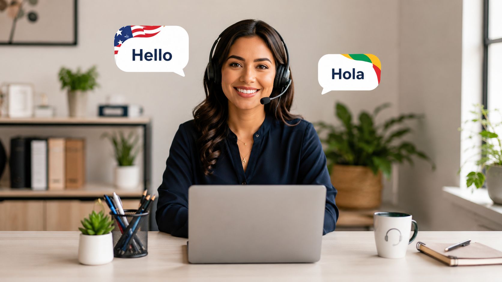A friendly customer support representative wearing a headset sits at a desk with a laptop.