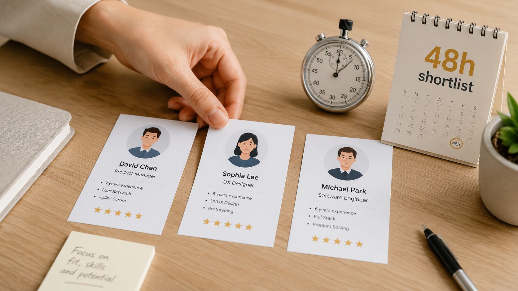 A hand selecting professional candidate profiles for nearshore outsourcing during a fast recruitment process.