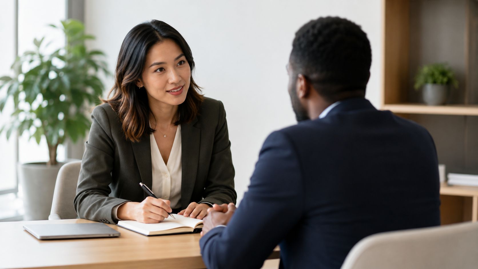 A professional woman interviewing a job candidate in a bright and modern office setting.