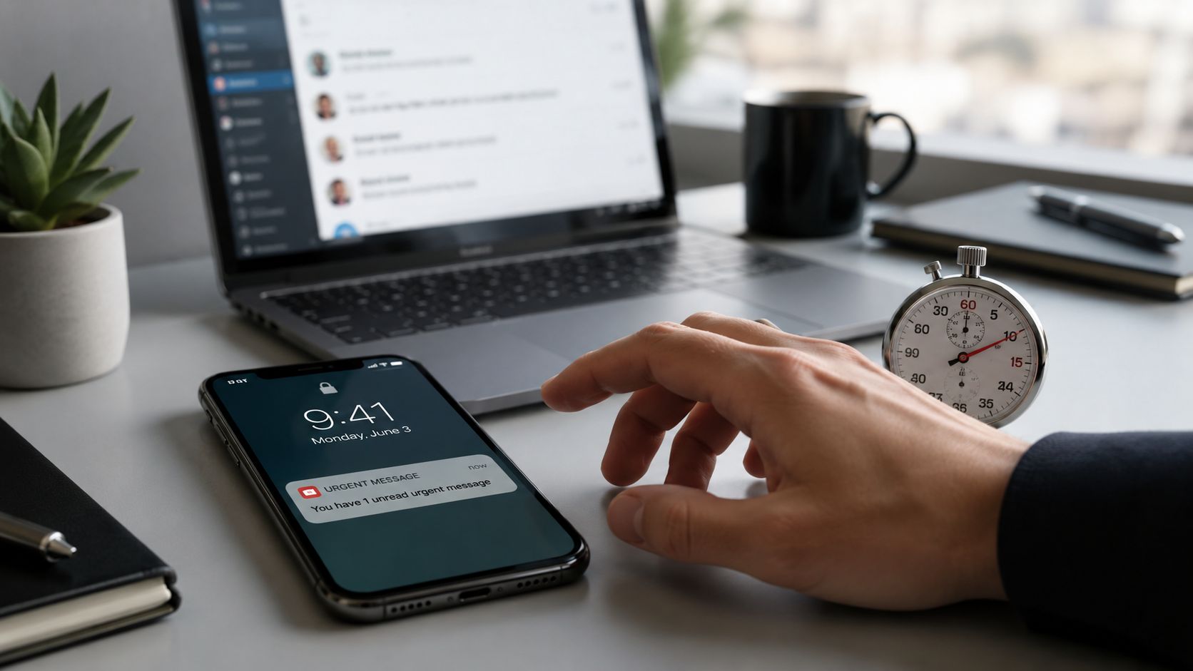 A person reaches towards a smartphone displaying an urgent message notification on a modern office desk.