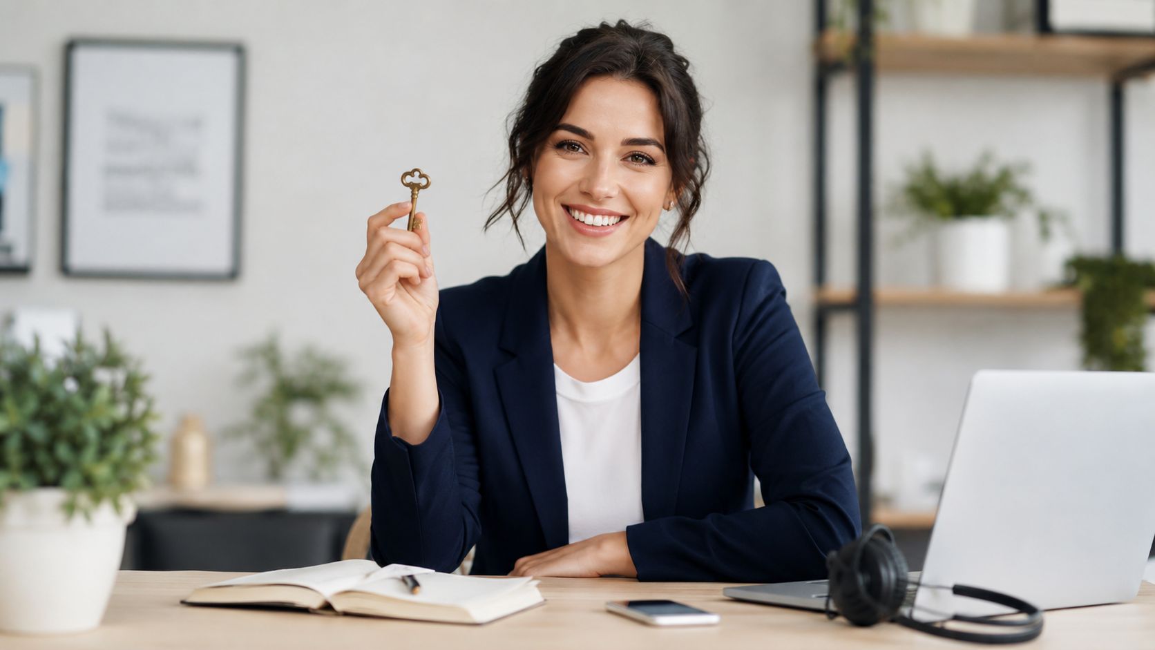 A professional woman in a navy blazer holding a golden key while sitting at her office desk.