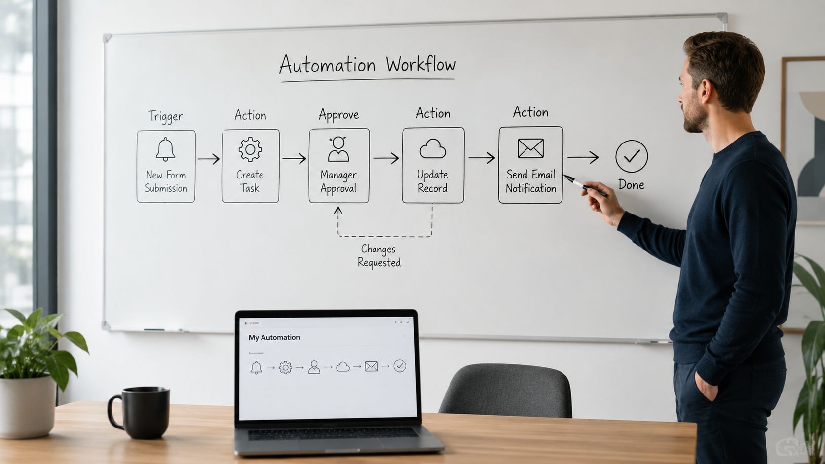 A professional man drawing an automation workflow diagram on a whiteboard in a modern office setting.