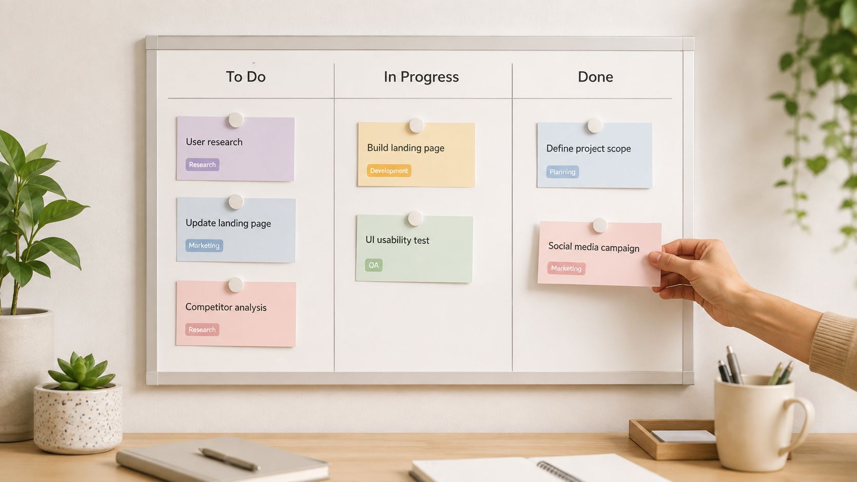 A hand placing a social media campaign note on a whiteboard Kanban board with task categories.