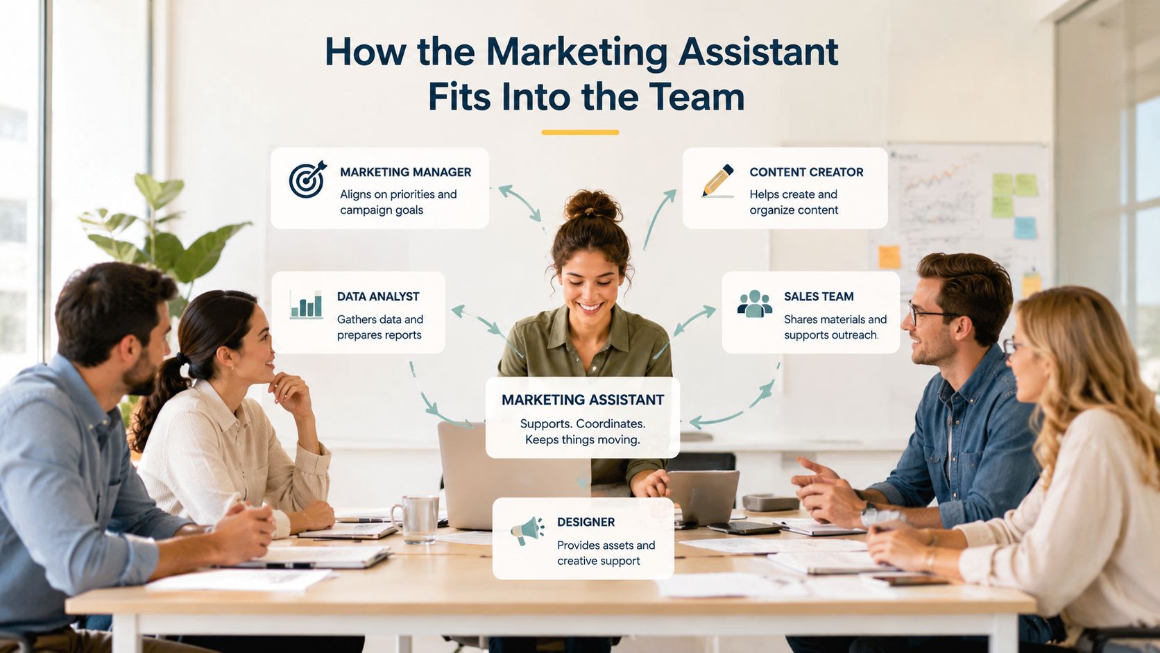A marketing assistant collaborating with team members including managers, designers, and data analysts in an office.