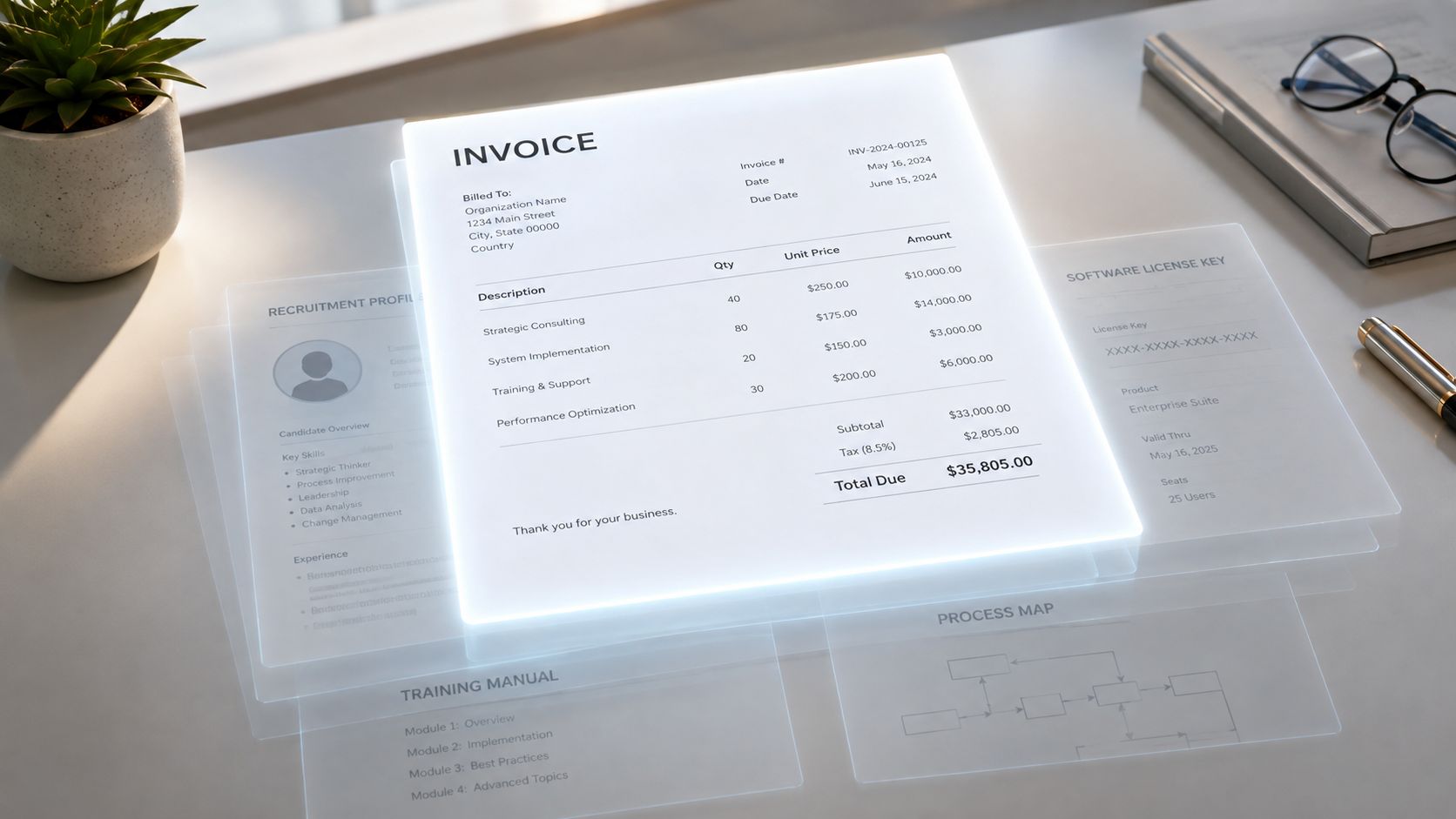 A brightly glowing invoice sits on a desk surrounded by business documents like a process map.