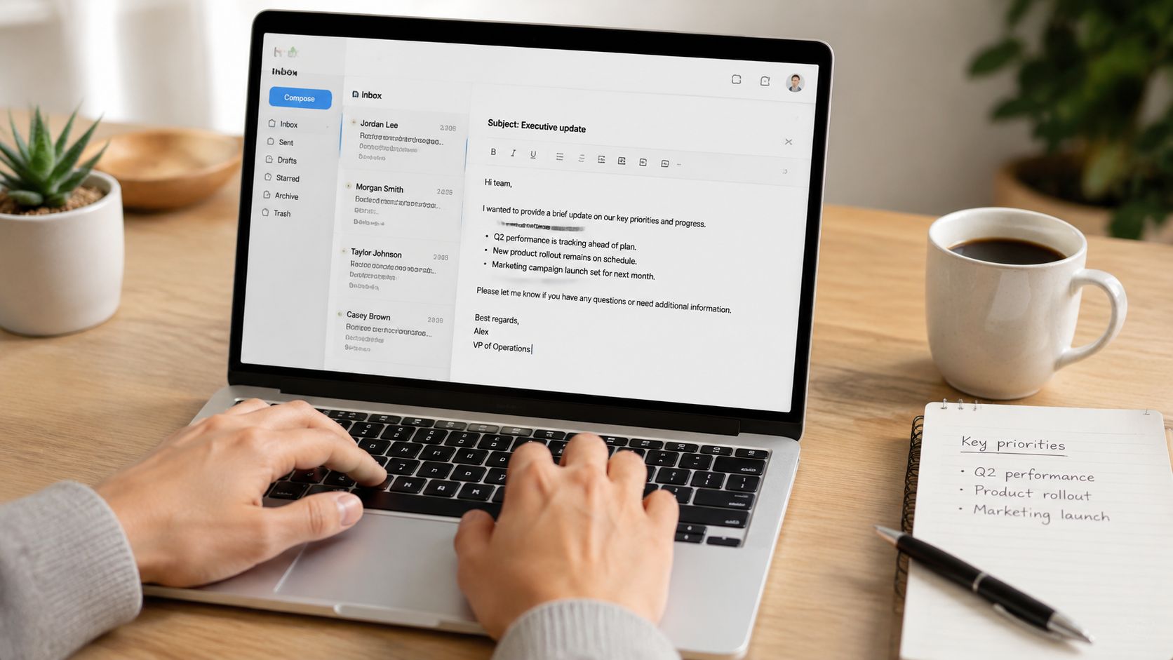 An individual working on a laptop typing an executive update email with coffee and notes nearby.