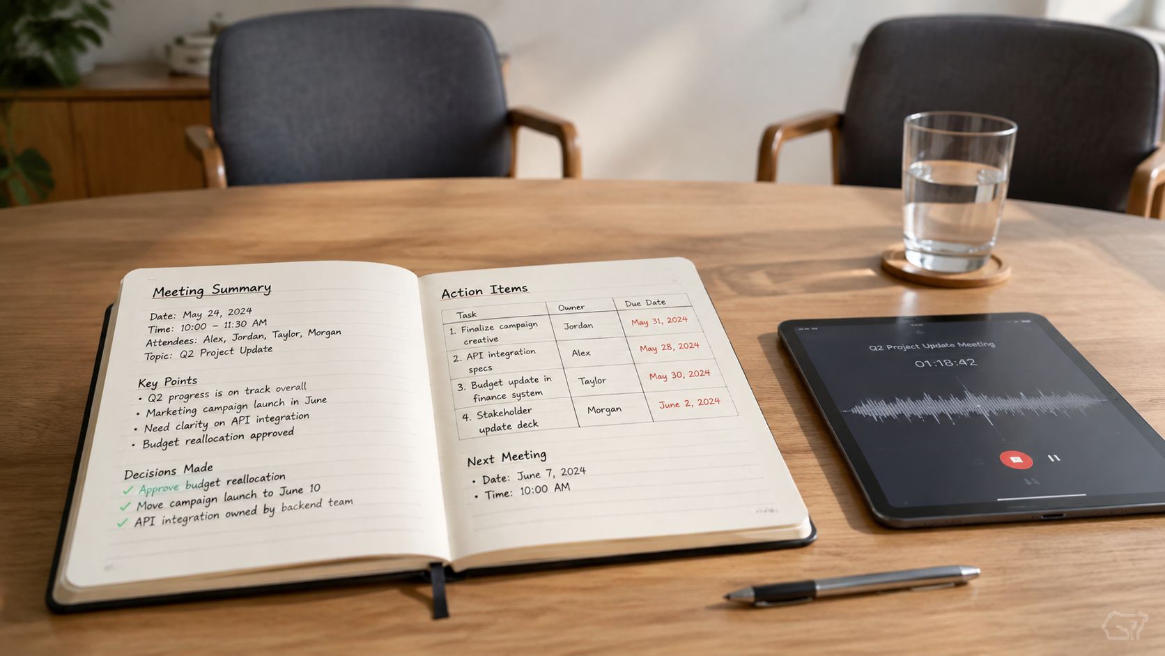 An open notebook with meeting notes next to a digital tablet on a wooden conference table.