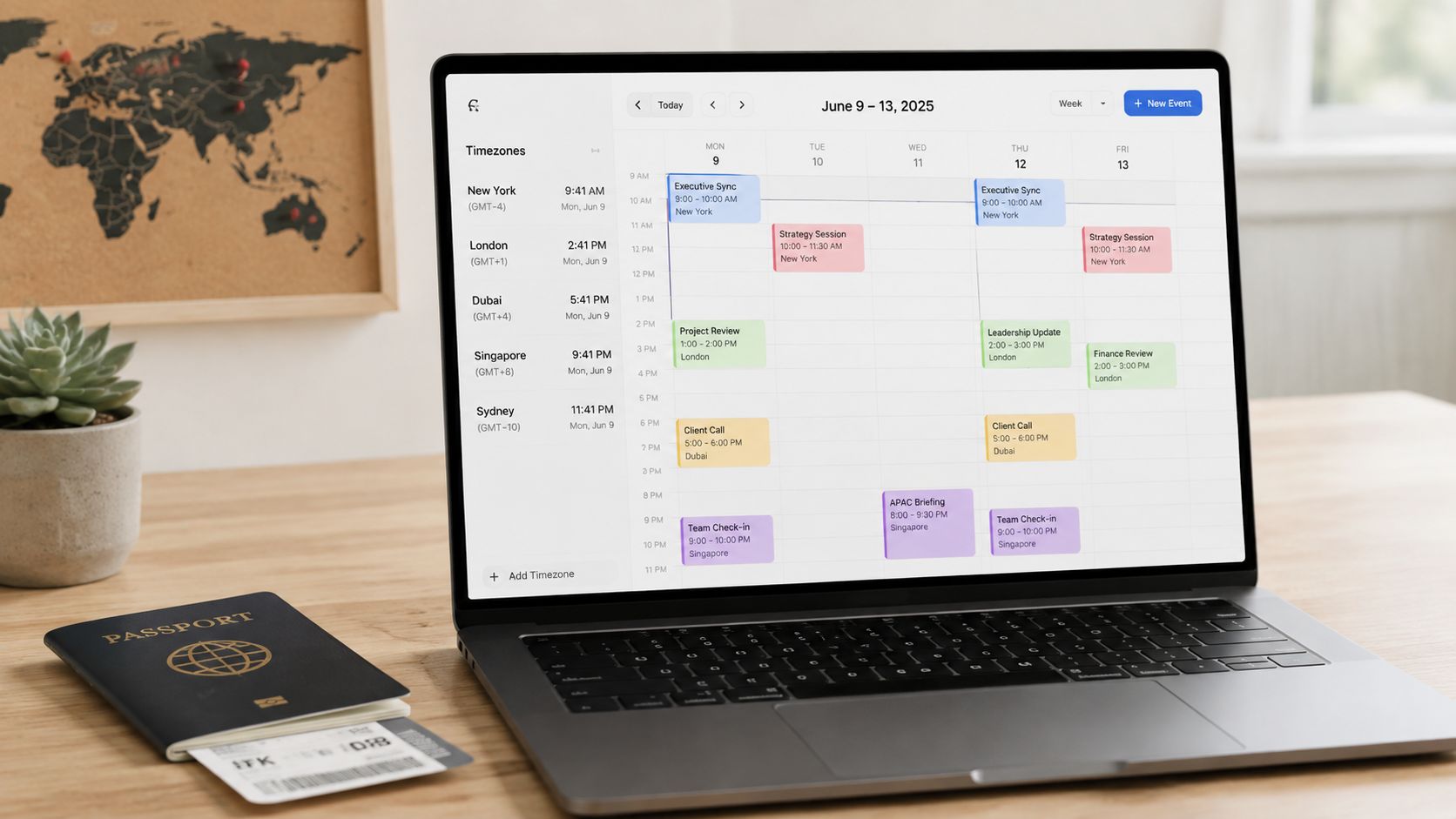 A laptop on a wooden desk displaying a digital calendar with multiple global time zones.