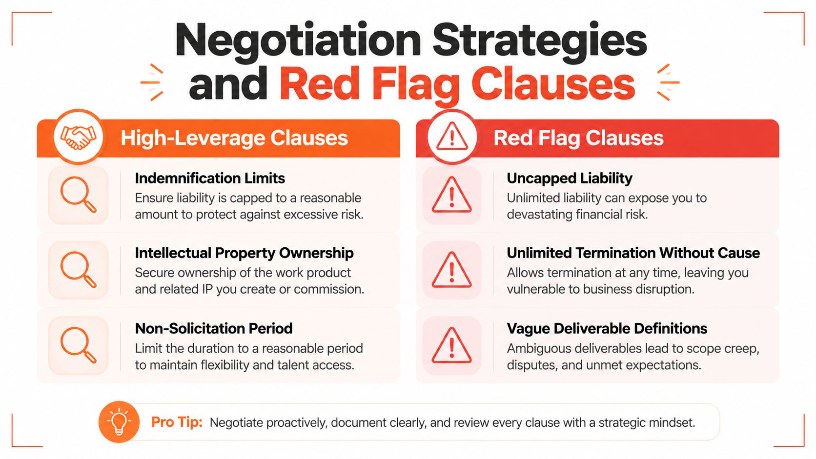 A graphic infographic titled Negotiation Strategies and Red Flag Clauses outlining key contract considerations for business.