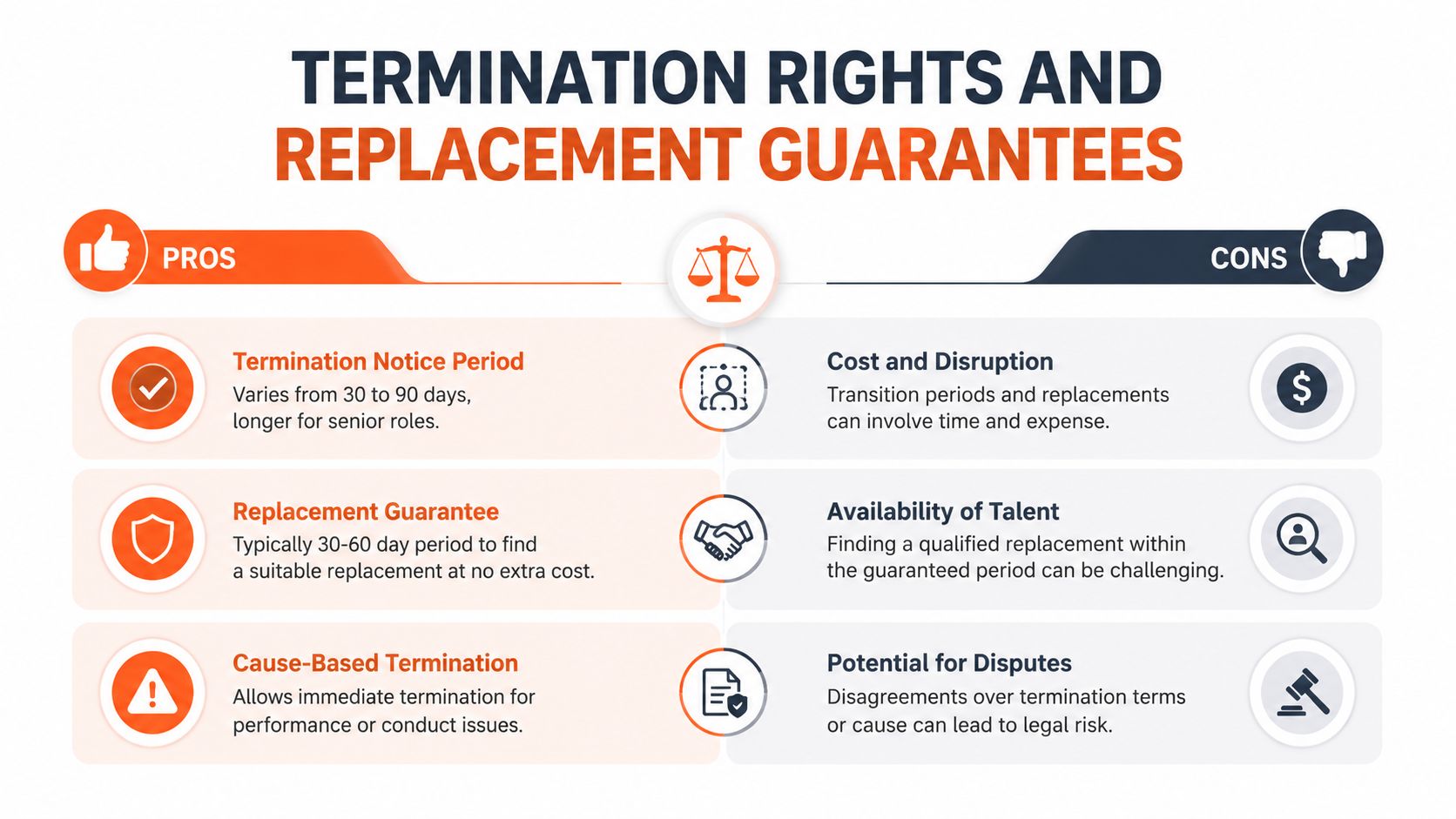A comparison chart outlining the pros and cons of termination rights and replacement guarantees in staffing contracts.