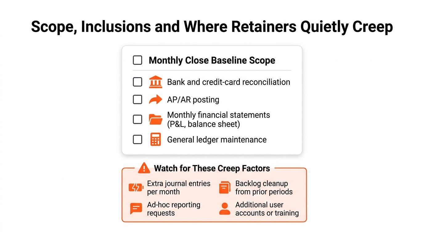 Baseline monthly bookkeeping tasks alongside the common sources of scope creep in accounting retainers