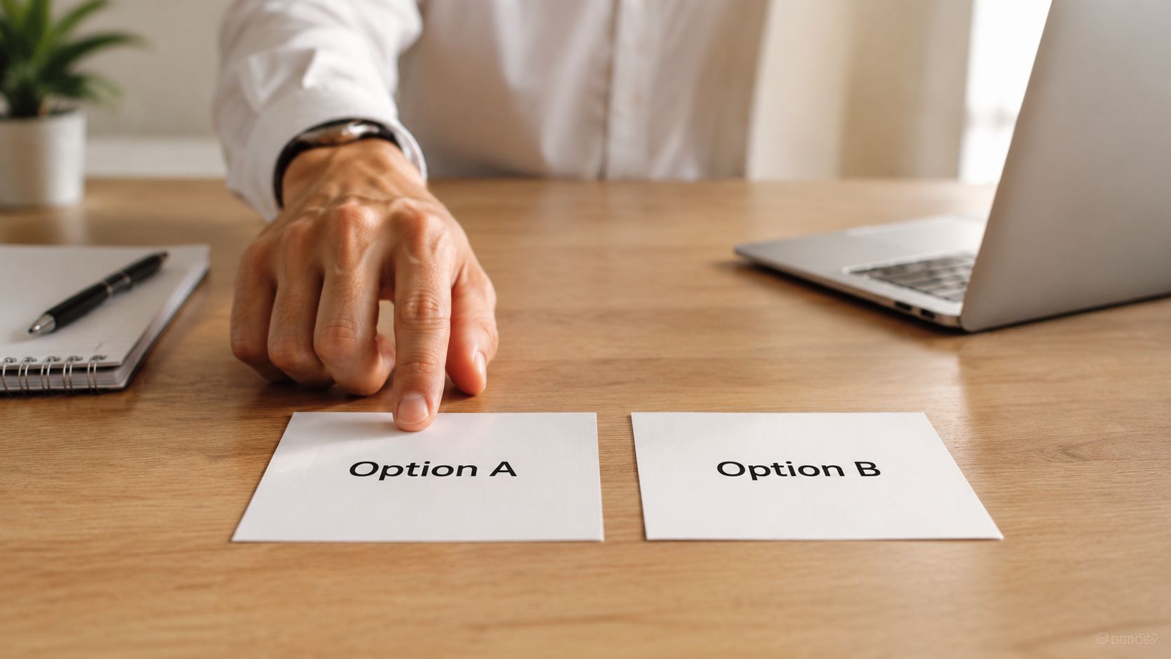 A sales professional pointing at a document labelled Option A during a decision conversation