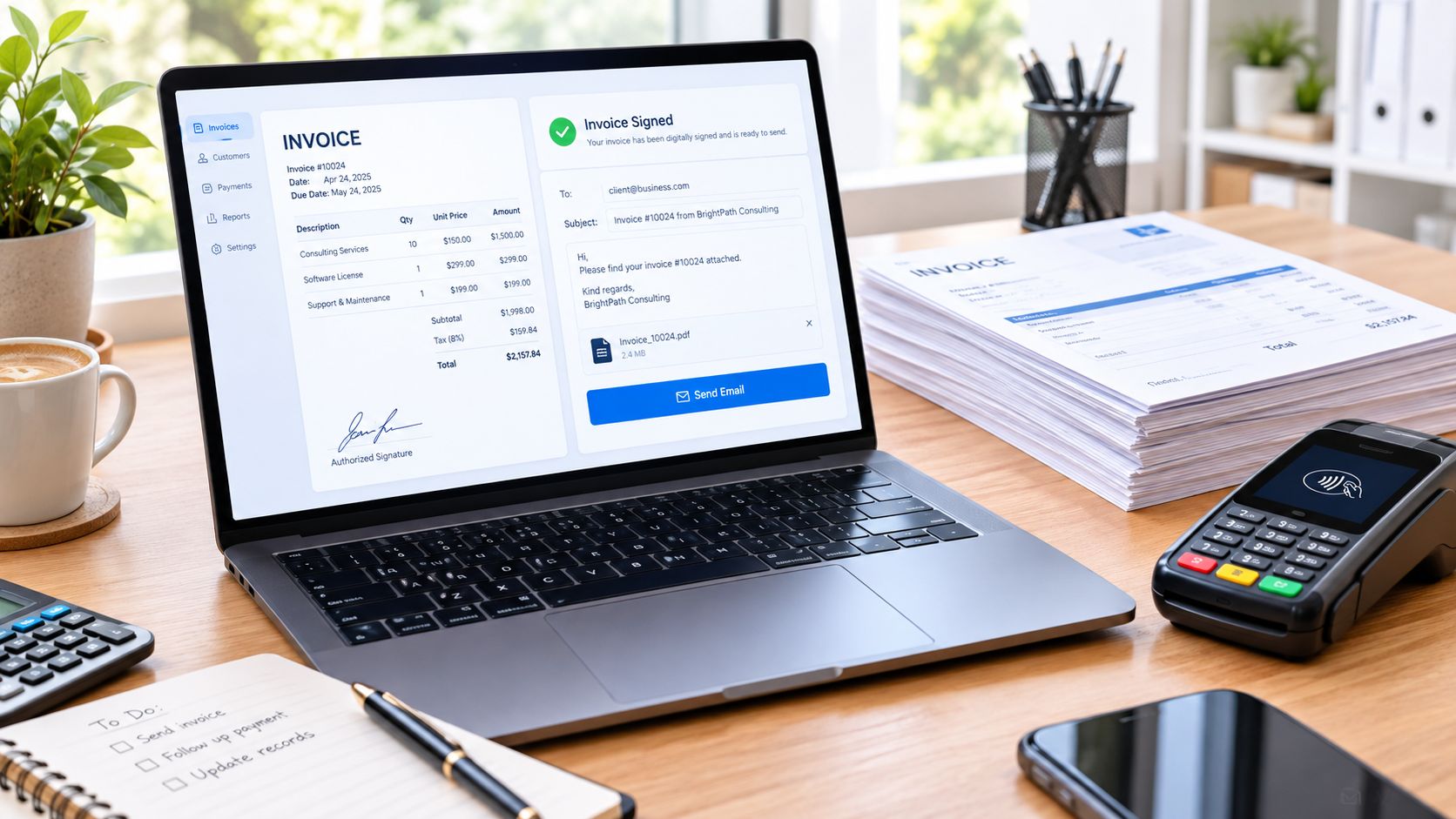 Laptop showing an accounts receivable aging and cash-collection dashboard.