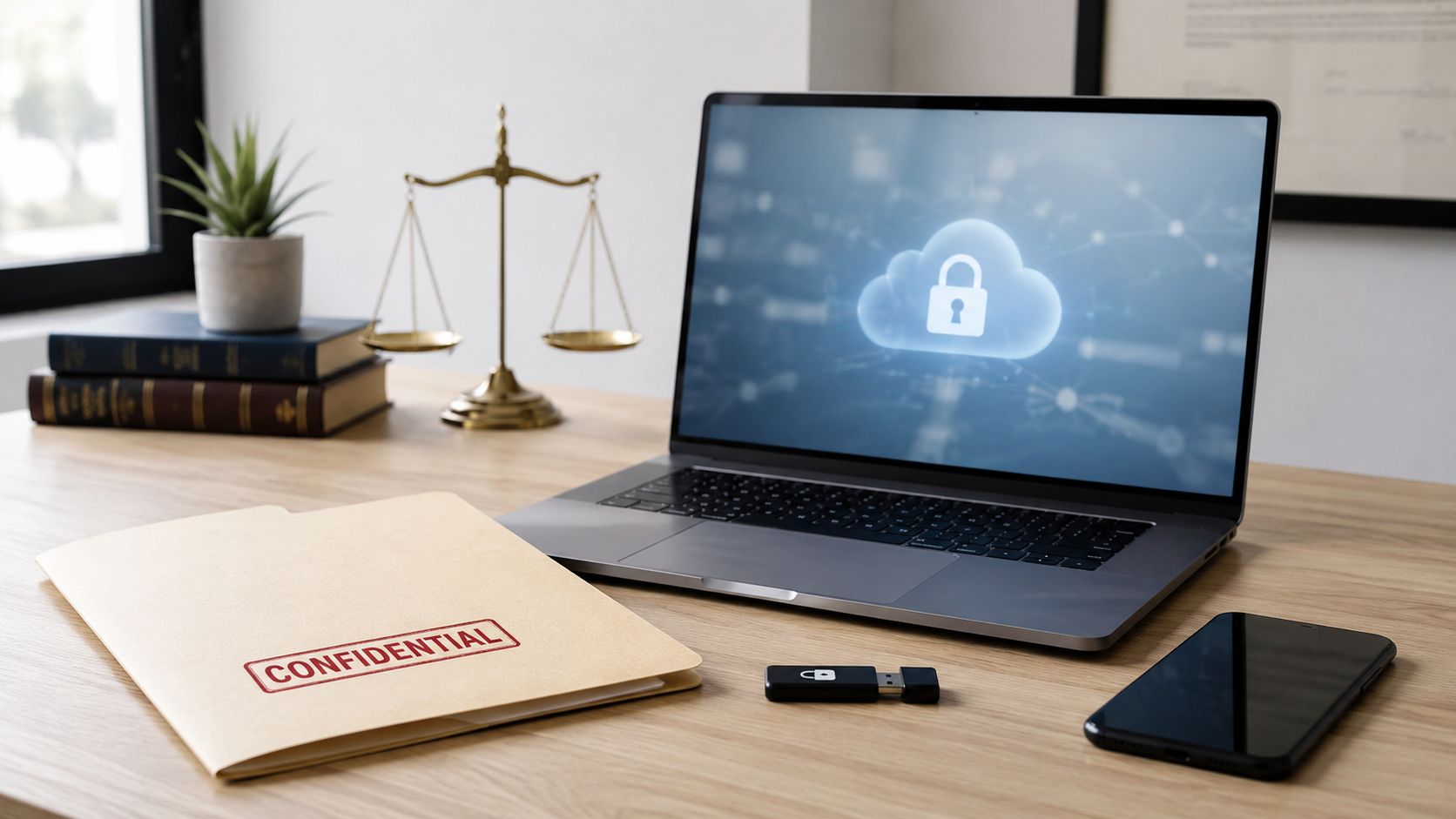 Laptop showing a cloud security icon beside a confidential legal folder.