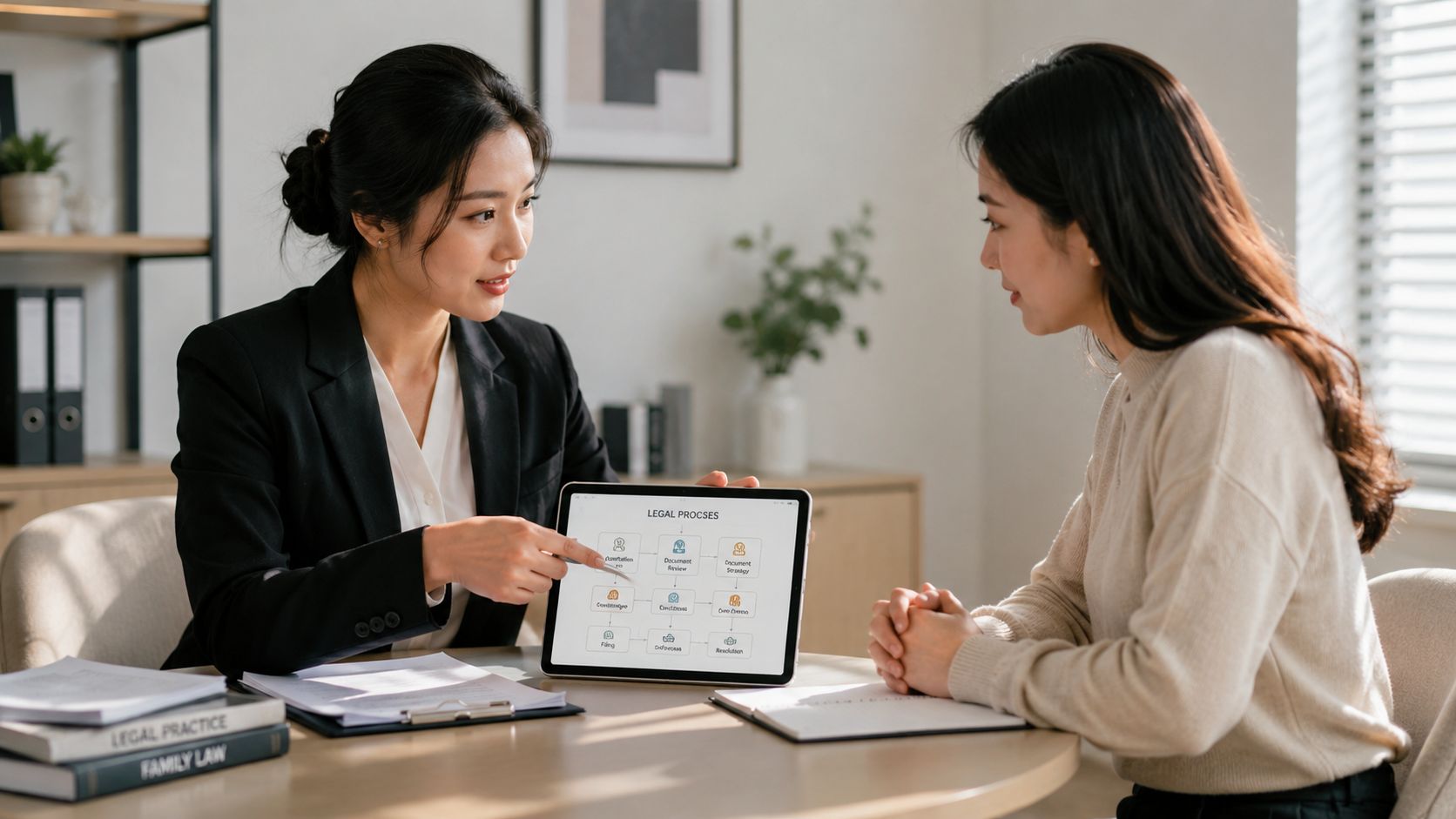 Attorney reviewing a legal process flowchart with a legal assistant candidate.