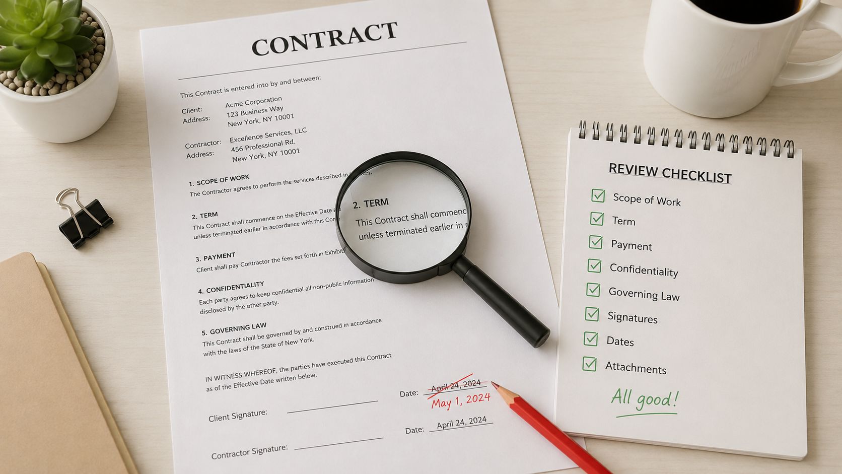 Contract, magnifying glass and scoring checklist on a desk.
