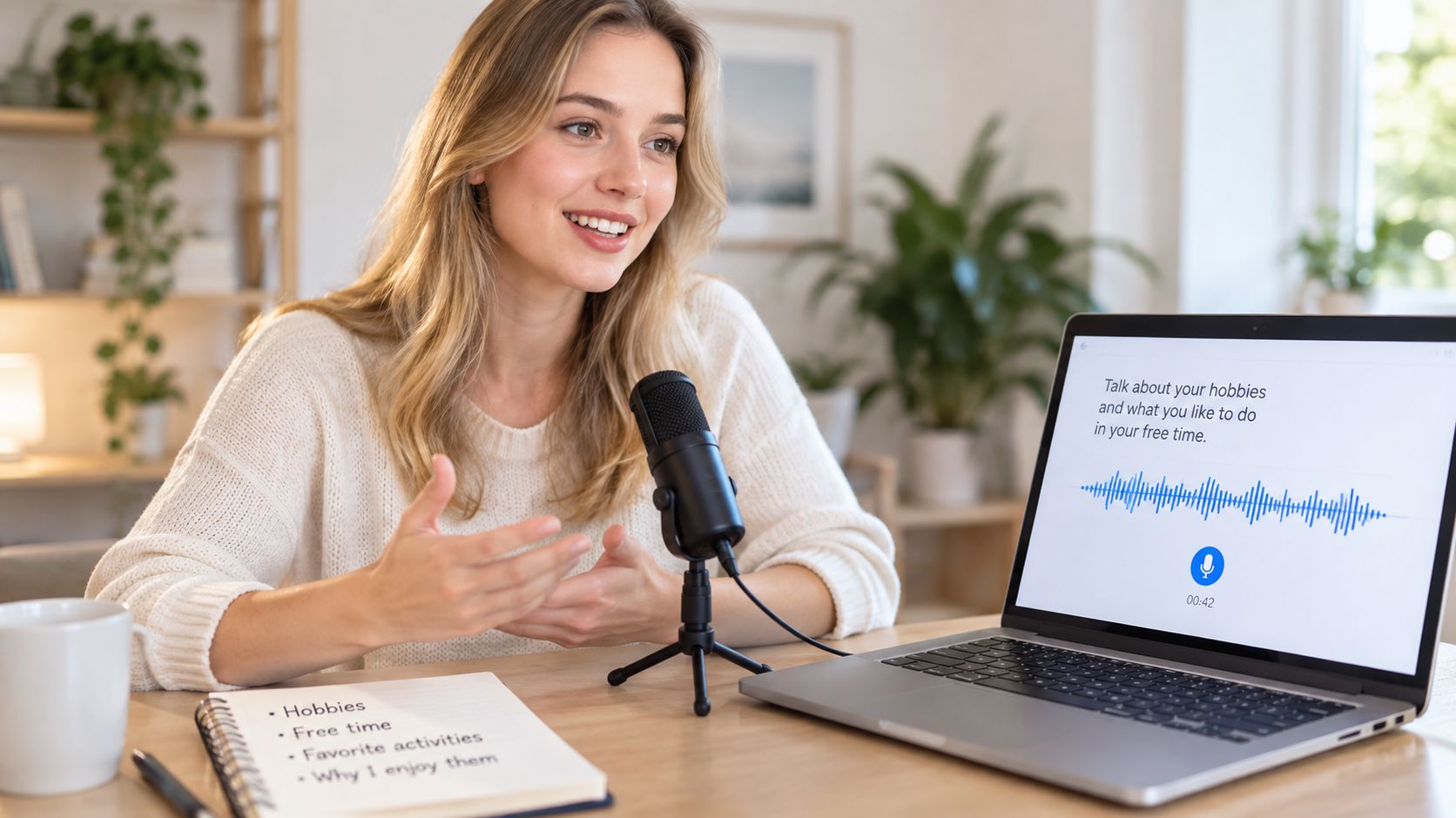 A woman speaking into a microphone during an online language proficiency or communication skills assessment test.