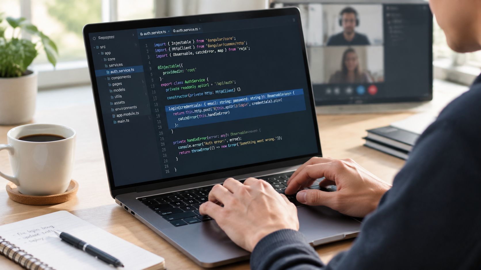 A professional developer working on computer code for a software application while on a remote video call.