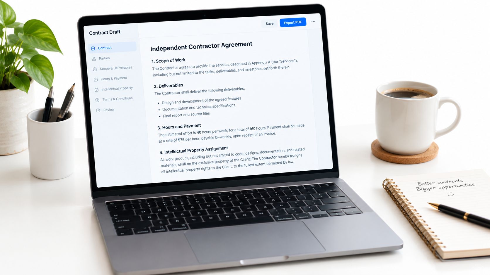 A laptop displaying an Independent Contractor Agreement on a desk next to a coffee cup and notepad.