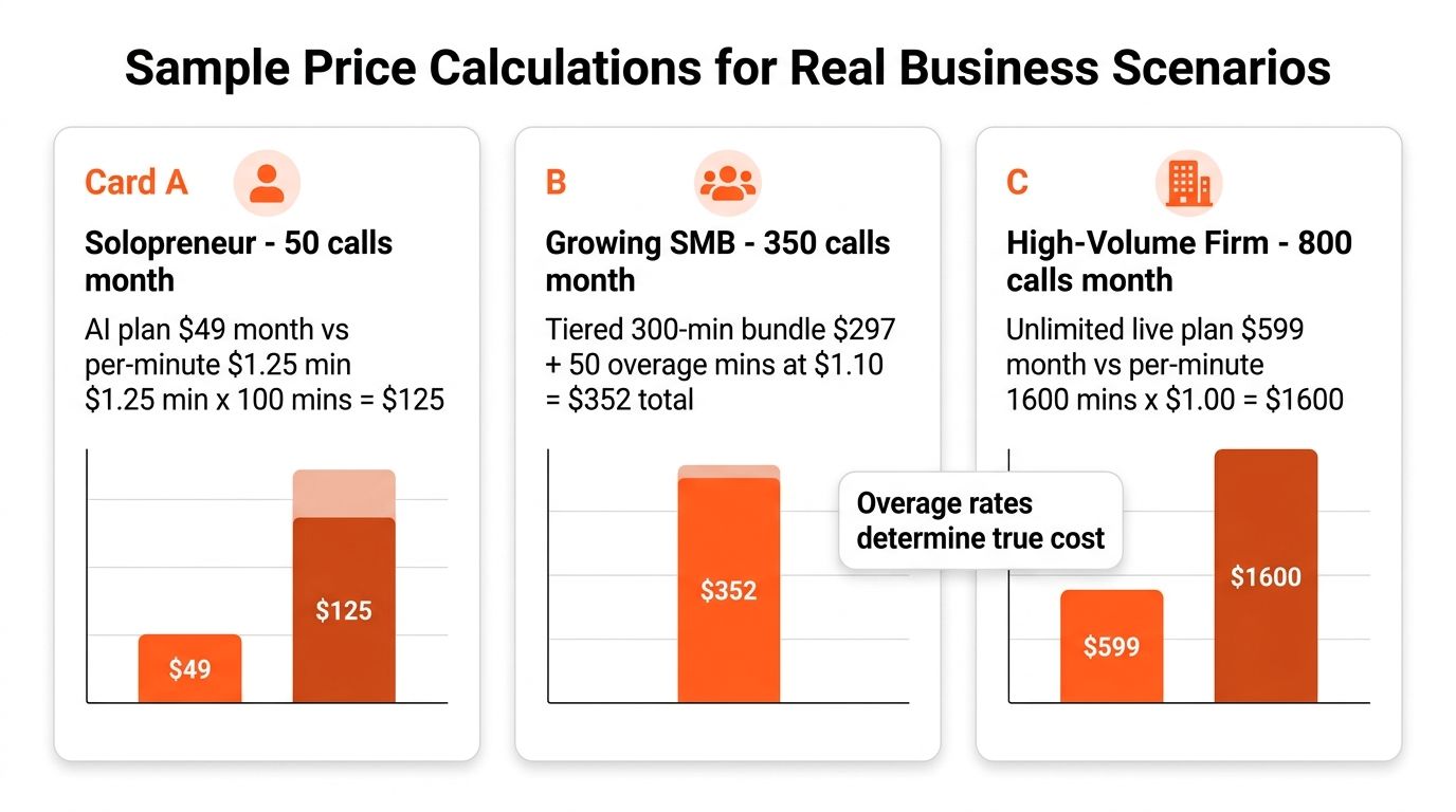 Chart comparing sample virtual receptionist price calculations across a solopreneur, a growing small business and a high-volume firm.
