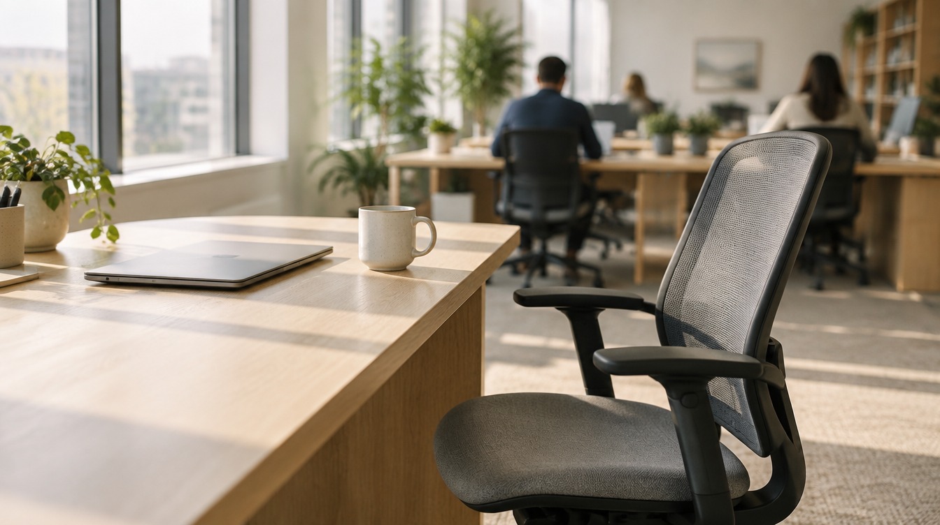 An empty desk chair beside a closed laptop in a bright office while colleagues work at other desks in the background
