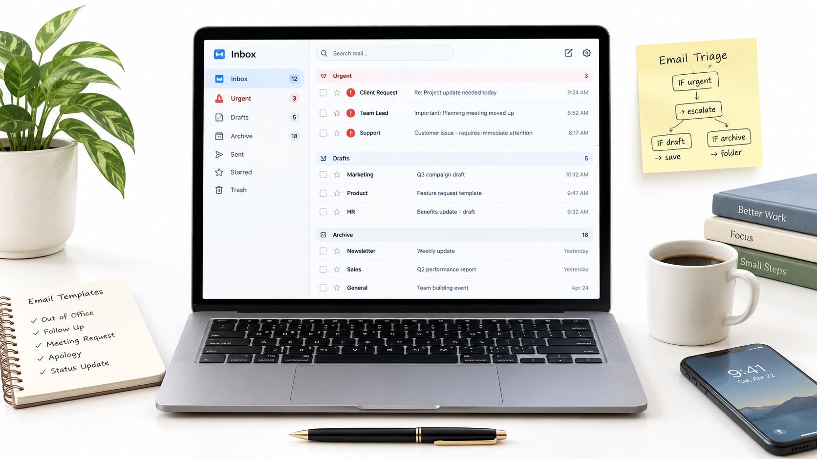 A modern laptop on a desk showing an organized email inbox, surrounded by productivity notes and coffee.